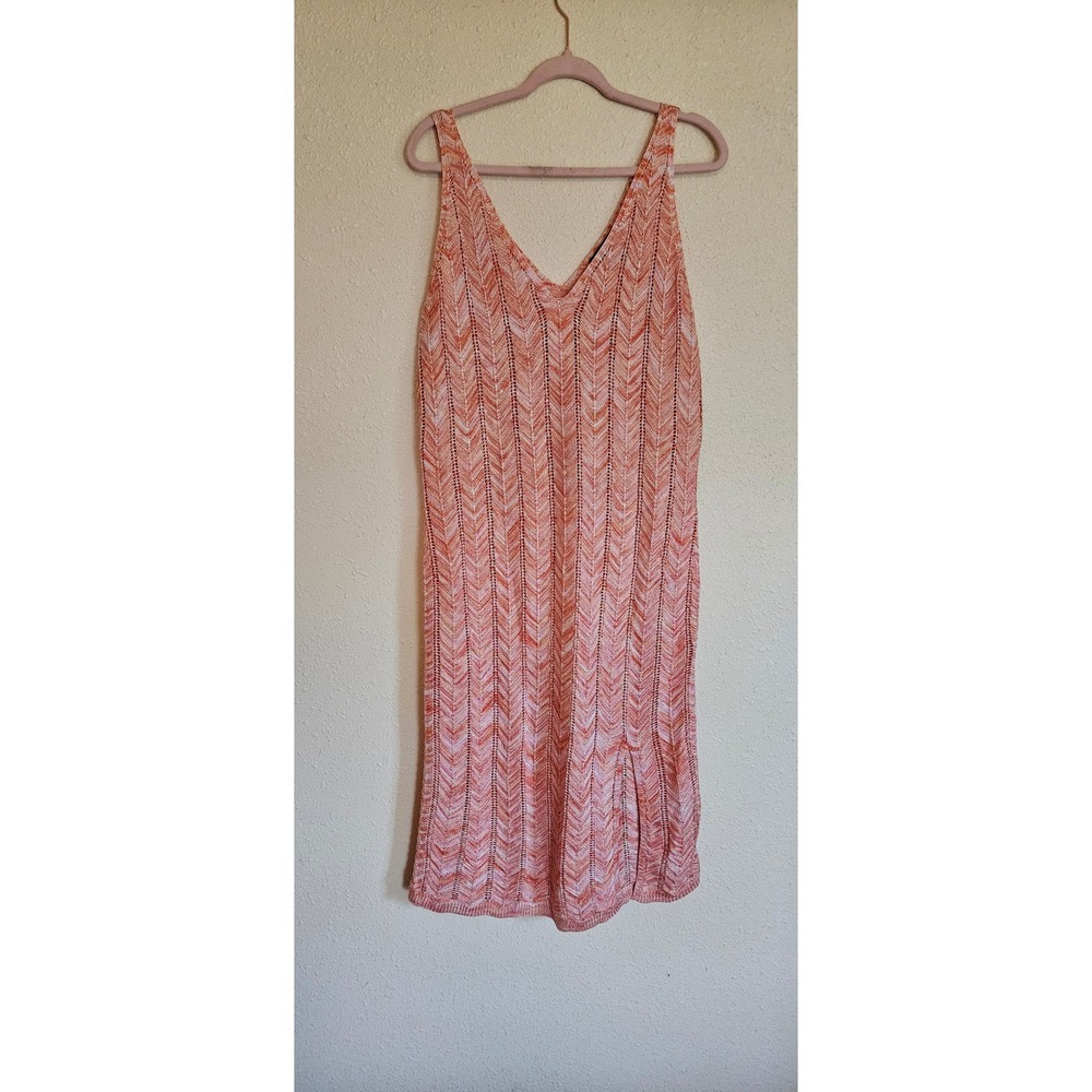 Madden NYC Womens XL Orange Pink Chevron‎ Pointelle Knit Midi Dress V-Neck Slit